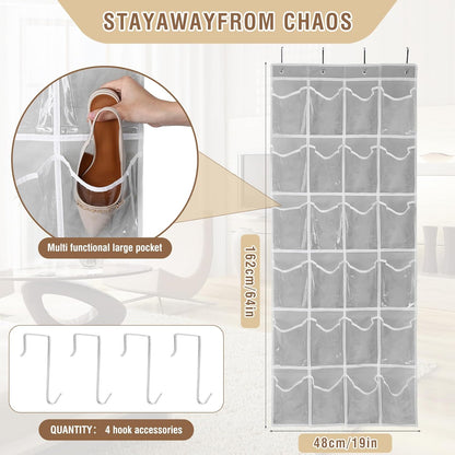 GOMAJI Over the Door 24 Pocket Hanging Shoe Organizer, Space Saving Hanging Storage Holder, Gray, (64" X 19")