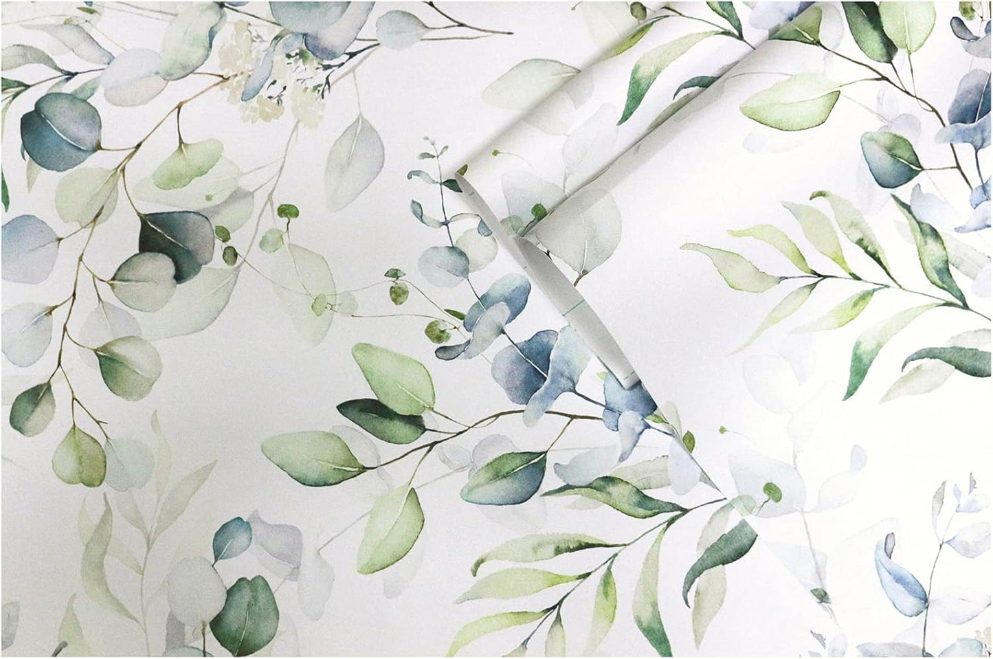 HAOKHOME Peel and Stick Wallpaper Boho Green/White Botanical Leaf Floral Wall Mural Home Nursery Decor Renter Friendly Wallpaper 17.3in x 9.8ft