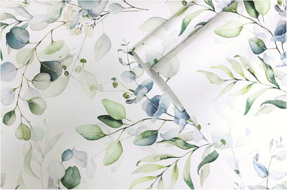 HAOKHOME Peel and Stick Wallpaper Boho Green/White Botanical Leaf Floral Wall Mural Home Nursery Decor Renter Friendly Wallpaper 17.3in x 9.8ft