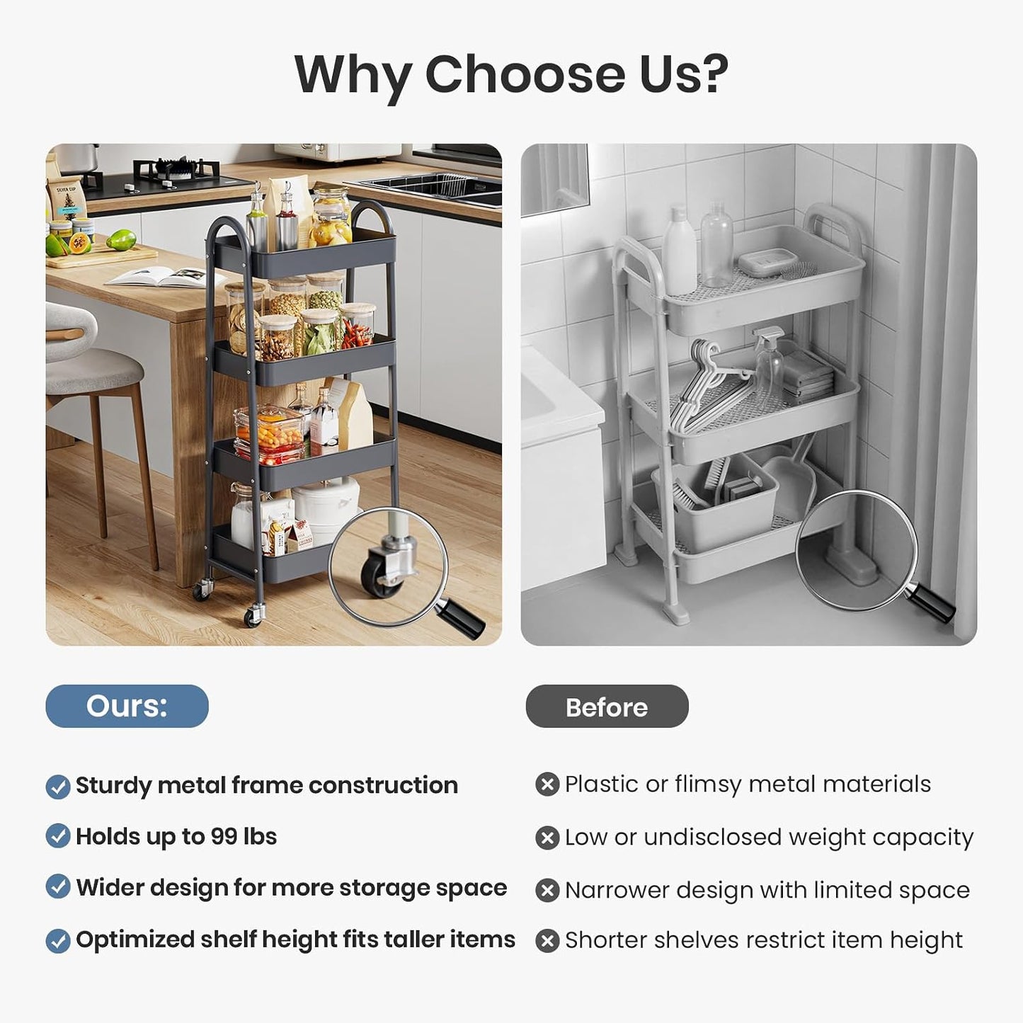 DUMOS 3 Tiers Rolling Cart, Utility Cart, Metal, White | Mobile Storage, Lockable Wheels, Utility Shelving Unit, Kitchen, Bathroom, Laundry, Narrow Places