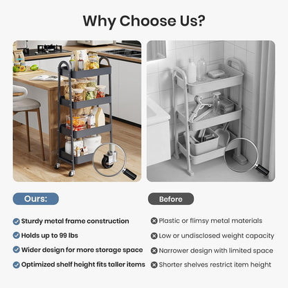 DUMOS 3 Tiers Rolling Cart, Utility Cart, Metal, White | Mobile Storage, Lockable Wheels, Utility Shelving Unit, Kitchen, Bathroom, Laundry, Narrow Places