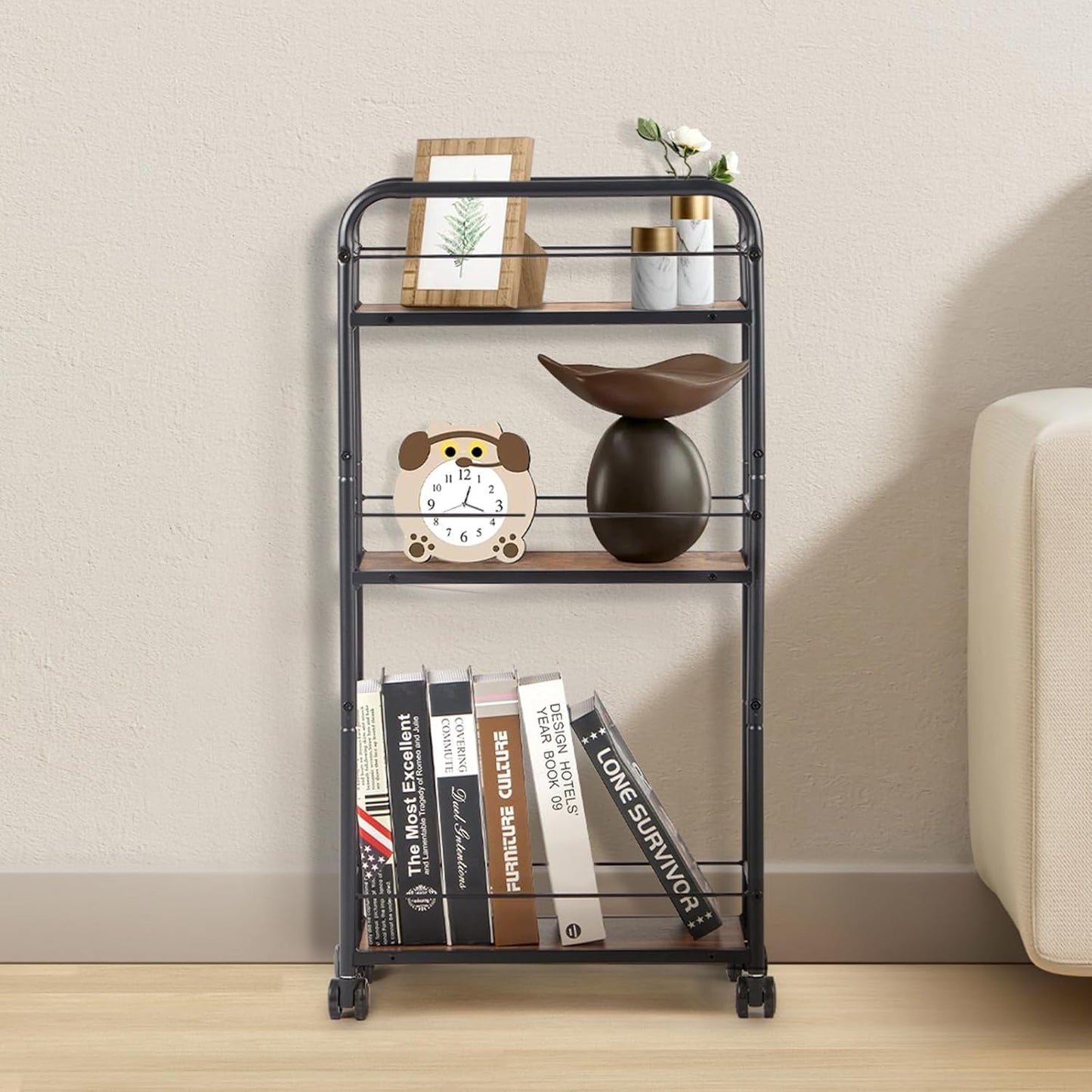 FUSLITE Small Bar Cart for Small Spaces, 3-Tier Slim Rolling Kitchen Cart on Wheels, Narrow Cart with Protective Fence, Industrial Mini Coffee Station for Home,Living Room,Bathroom, Rustic Brown