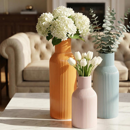 White Ceramic Flower Vases Set of 3, Modern Matte Vertical Ribbed, Nordic Minimalist Decor for Pampas, Dried & Fresh Flowers, Centerpiece for Living Room, Shelf, Entryway, Wedding,Office