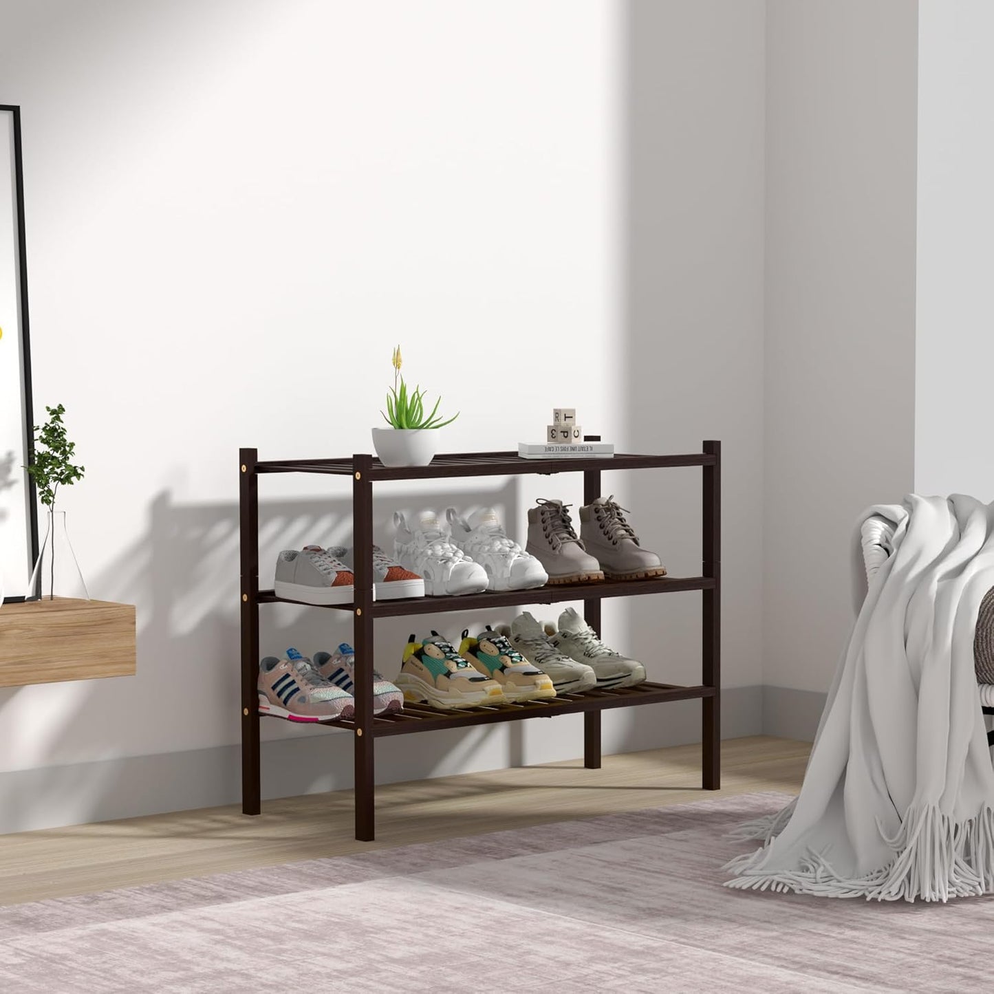 ROMGUAR CRAFT 3 Tier Bamboo Shoe Rack for Closet Free Standing Wood Shoe Shelf Storage Organizer for Entryway Small Space Stackable 27"x11"x20" (Natural)