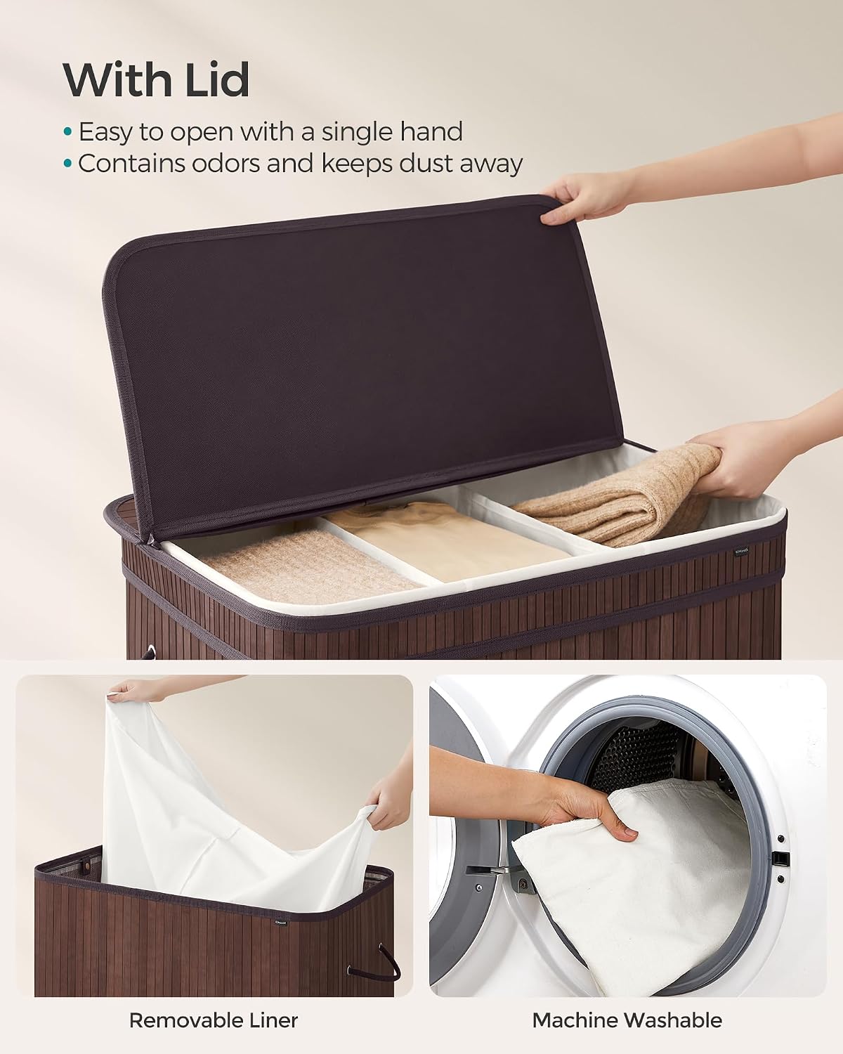 SONGMICS Laundry Hamper with Lid, Bamboo Launry Basket with Handles, Foldable Storage Basket for Laundry Room, Bedroom, 100L, Brown ULCB063K02