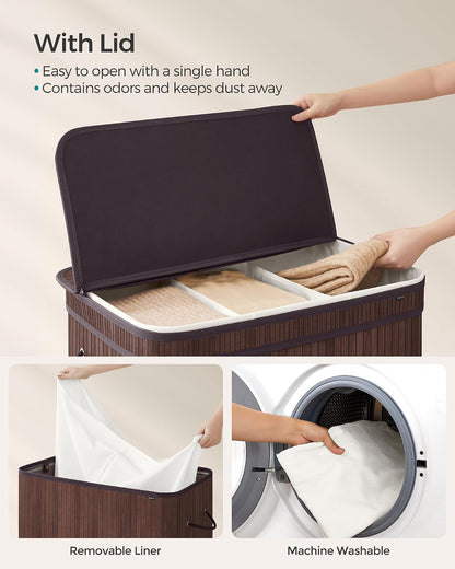 SONGMICS Laundry Hamper with Lid, Bamboo Launry Basket with Handles, Foldable Storage Basket for Laundry Room, Bedroom, 100L, Brown ULCB063K02