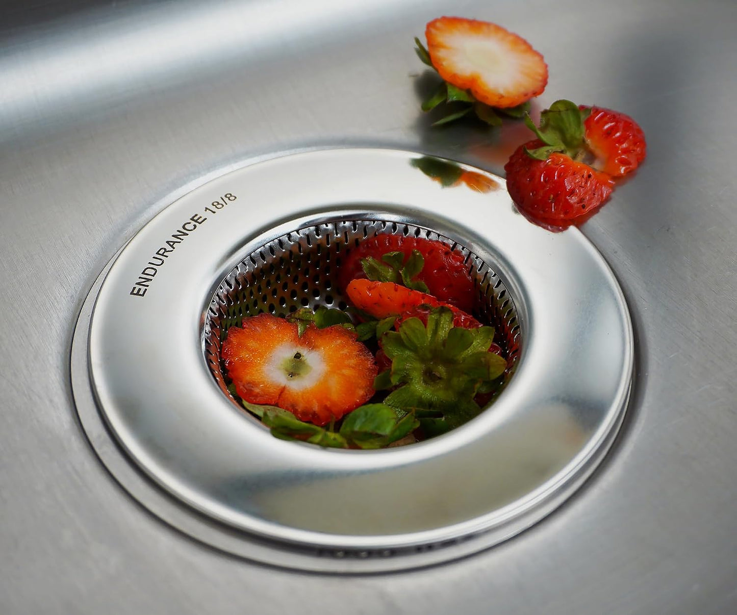 RSVP International Endurance® Stainless Steel Large Sink Strainer, 4.5" | Traps Food Scraps | Polished Finish with Precision Pierced Holes | Dishwasher Safe
