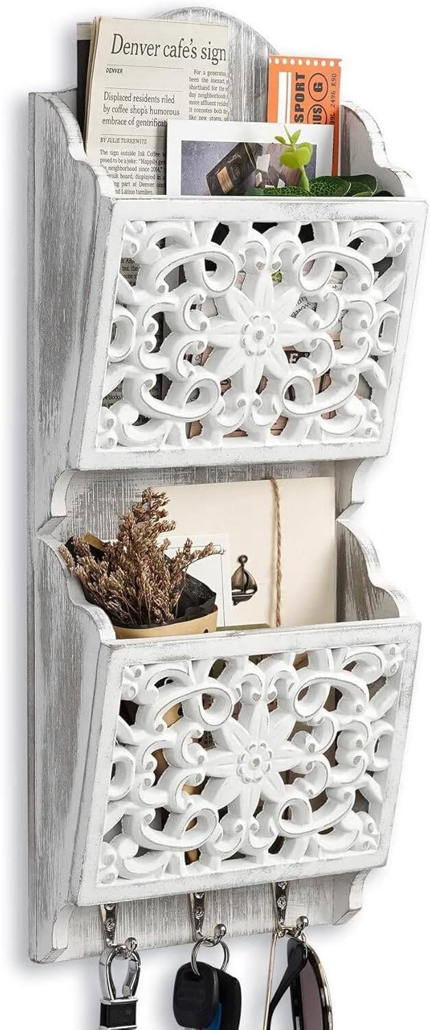 Mail Organizer Wall Mounted, 2 Slots Key Holder for Wall with 8 Hooks, Rustic Wood Key Rack with Shelf for Entryway Hallwall Farmhouse