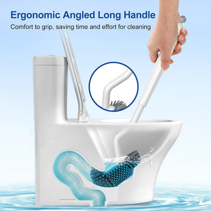 HAMITOR Toilet Bowl Brush Holder Set: Deep Cleaning Silicone Toilet Cleaner Scrubber Under Rim with Curved Bristle for Bathroom Dead Corner Clean - Modern Rv Toilet Decorative Accessories - White