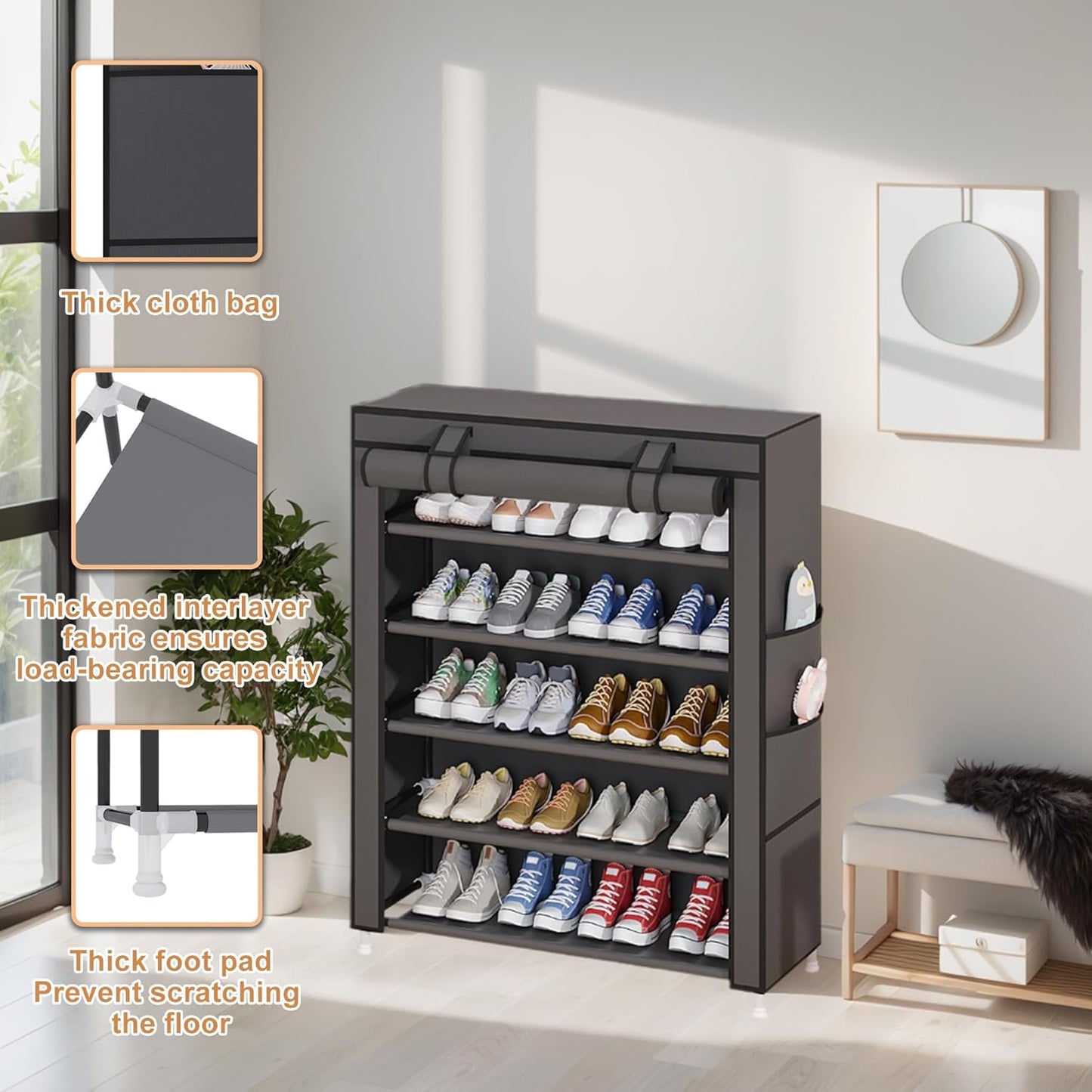 Laiensia 9-Tier Vertical Shoe Rack Organizer, Space Saving Shoe Storage Organizer, Non-Woven Cover Shoe Shelf Holds 36-45 Pairs for Bedroom, Hallway, Closet Entryway, Black