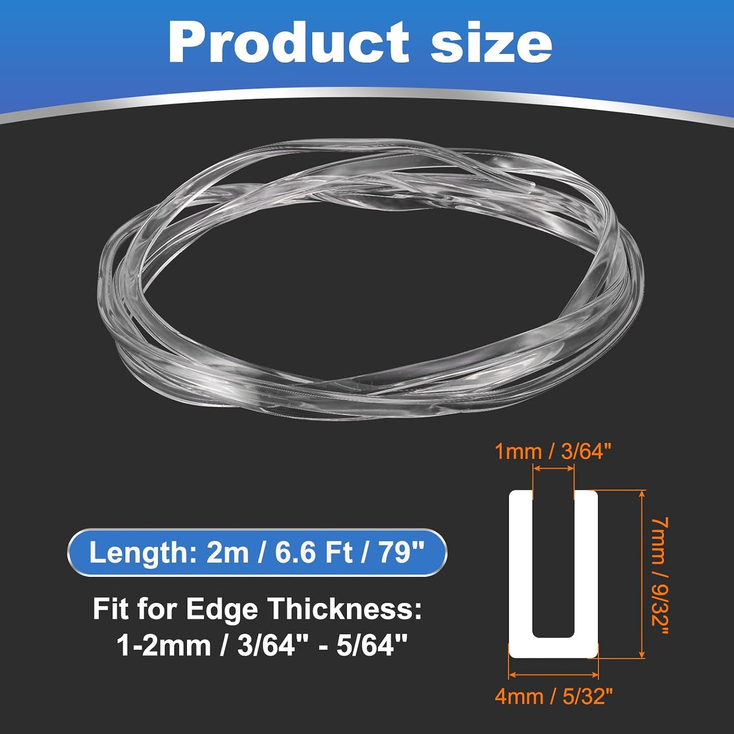 PATIKIL U Channel Rubber Edge Trim, (6.6 ft Long x 5/32" Width, 3/64" Slot for 3/64"-5/64" Thick Edge), Flexible Clear Rubber Seal Strip Protector, Suit for - Glass Tables/Metal Sheet