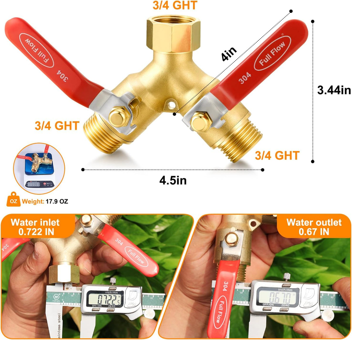 SIGURANTA Garden hose splitter, full-flow, heavy-duty brass 2-way high flow, outdoor faucet Y-valve closure diverter connector, garden hose high-flow diverter adapter. (2-Way Full Flow)