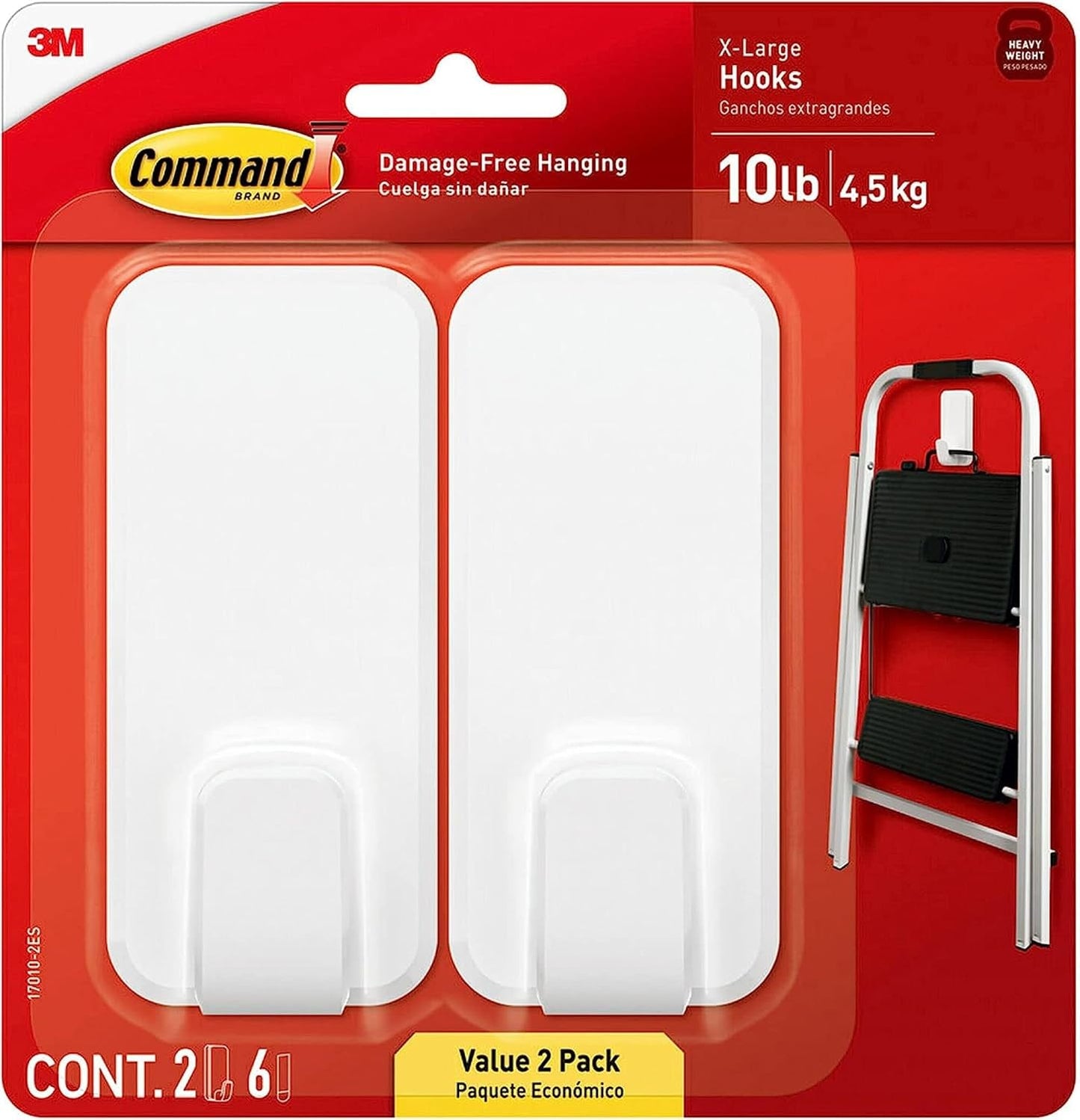 Command 10 lb XL Heavyweight Hook, 2 Wall Hooks and 6 Strips, Damage-Free Hanging with Adhesive, Heavy Duty Hanging Great for Back to School Dorm Organizers