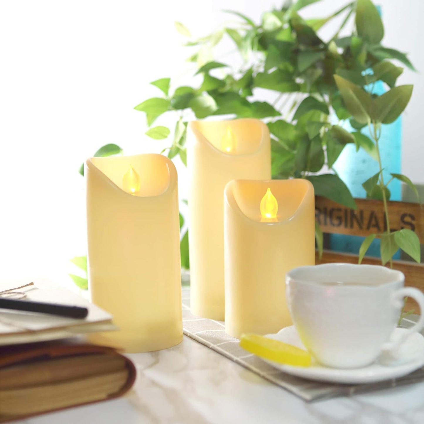 3”X3” 4 Pack Outdoor Flameless Candles Battery Operated LED Waterproof Pillar Candles with Remote Timer Electric Flickering LED Lights for Christmas, Halloween, Wedding, Home, Garden Decorations