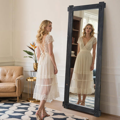 65x24 Inch Full Length Mirror, Pine Frame Full Body Standing Mirror with Metal Decorative, Black