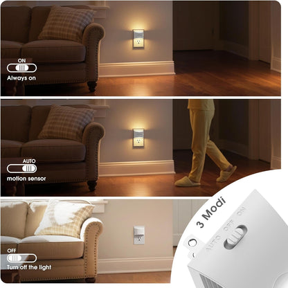 JandCase Motion Sensor Night Light, 2 Pack Motion Activated Night-Lights, 3000K Warm White LED Night Lights Plug into Wall, 30/60LM Adjustable Brightness, for Kids Adults Bathroom Bedroom