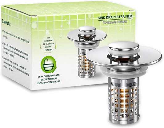 Bathroom Sink Stopper, Pop-up Sink Drain Strainer with Removable Stainless Steel Strainer Basket Hair Catcher, Bathroom Sink Strainer for Bathroom Sink Stopper (2PCS)
