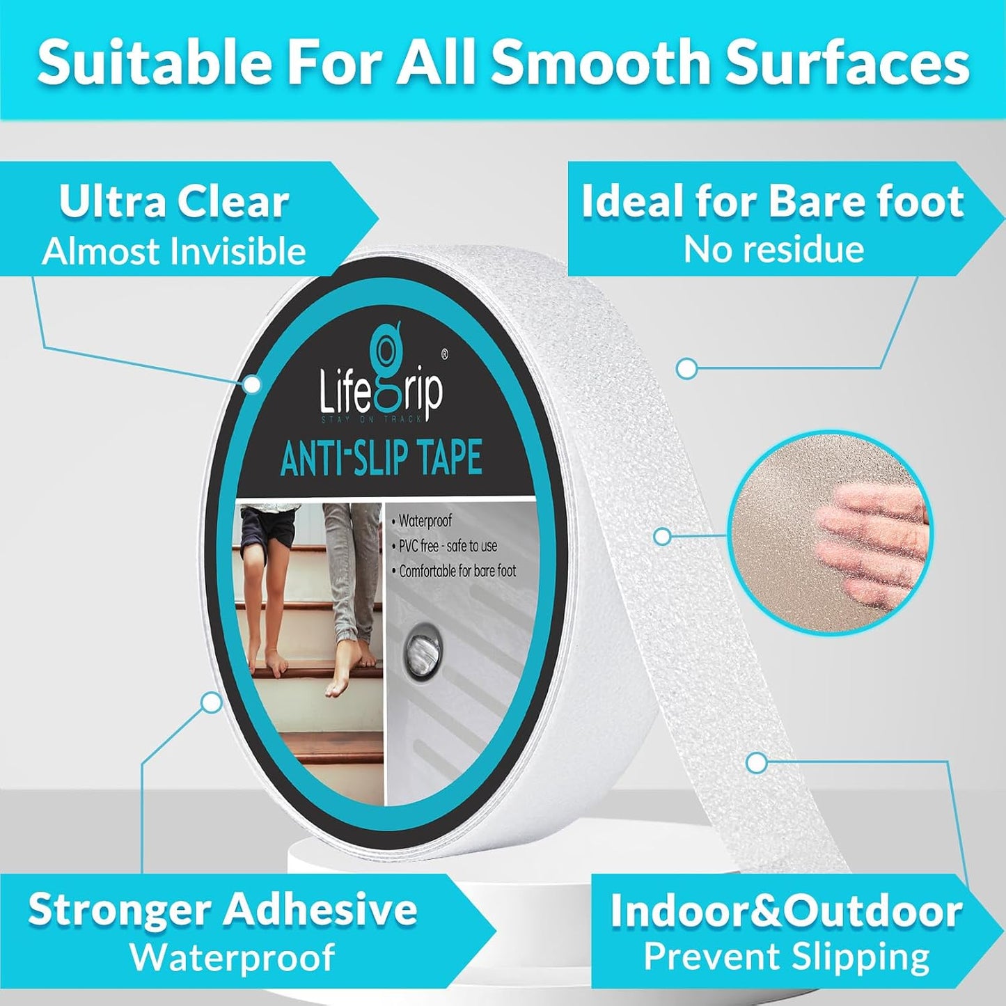 LifeGrip Anti Slip Transparent Anti Slip Tape, 2 inch by 30 feet, Non-Slip Traction Grip Tape to Tubs, Boats, Stairs, Clear, Soft, Comfortable for Bare feet (2" X 30')