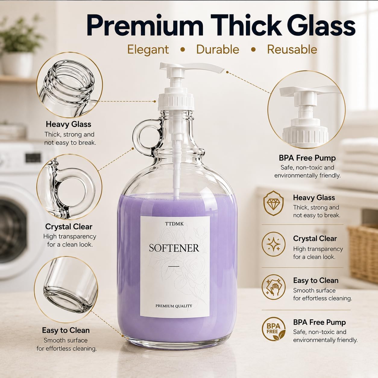 2 Pcs Glass Liquid Laundry Detergent Dispenser, Half Gallon Laundry Soap Dispenser for Laundry Room (64 oz. Each), Laundry Detergent Bottles with Pump Dispenser -Includes Labels, Funnel, Measuring Cup