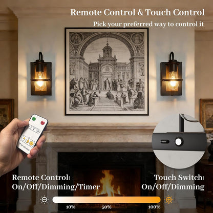 Wireless Battery Operated Wall Sconce Set of 2,Dimmable, Rechargeable with Remote & Touch Control, Industrial Vintage Design,No Wiring Installation, 8000mAh,Timmer,Magnetic Mount
