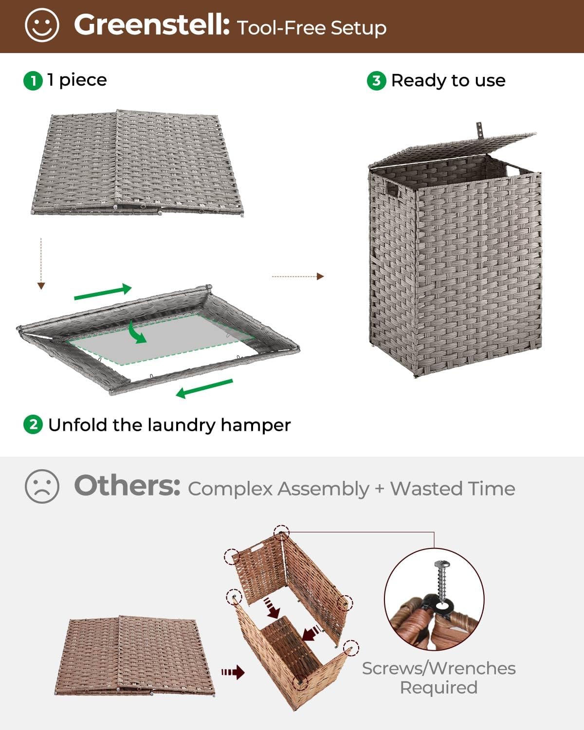 Greenstell Laundry Hamper with 2 Removable Liner Bags, Foldable Divided Clothes Hamper, 90L Handwoven Rattan Laundry Basket with Lid and Handles, No Assembly Needed, 18.3x13.3x24 Inches, Black