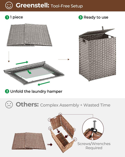 Greenstell Laundry Hamper with 2 Removable Liner Bags, Foldable Divided Clothes Hamper, 90L Handwoven Rattan Laundry Basket with Lid and Handles, No Assembly Needed, 18.3x13.3x24 Inches, Black