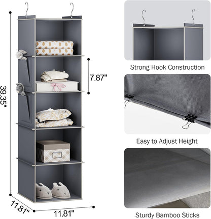 YOUDENOVA Hanging Closet Organizer, 4-Shelf Closet Hanging Storage Shelves, Grey