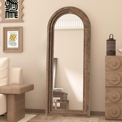 71x32 Inch Arched Full Length Mirror with Solid Wood Frame Wall Mounted Floor Mirror, Vertical Hanging Leaning Standing Mirror for Living Room, Bedroom, Entryway, Brown