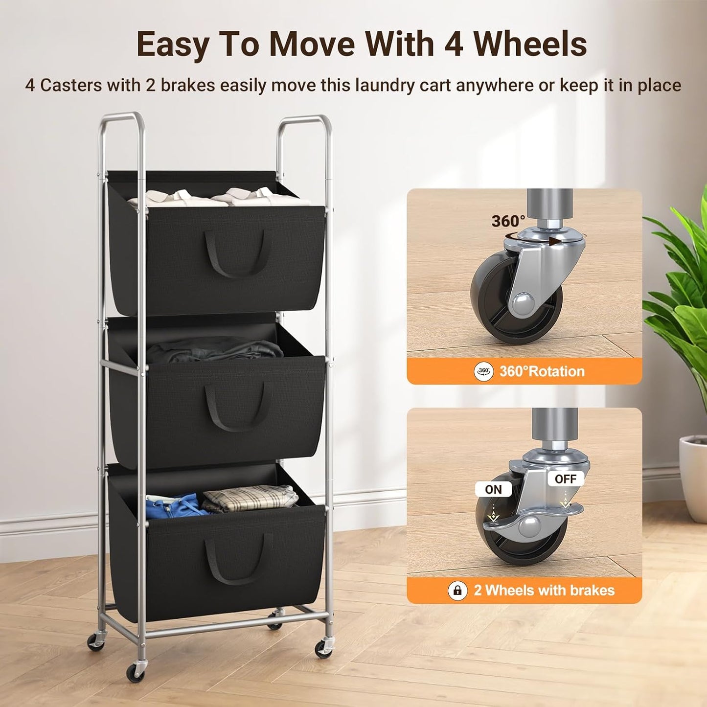 ELYKEN 120L Vertical Rolling Laundry Hamper with Removable Bags, 3 Section Laundry Baskets with Wheels, Space-Saving 3 Tier Laundry Sorter for Small Spaces, Dorm, Bedroom, Bathroom, Laundry Room