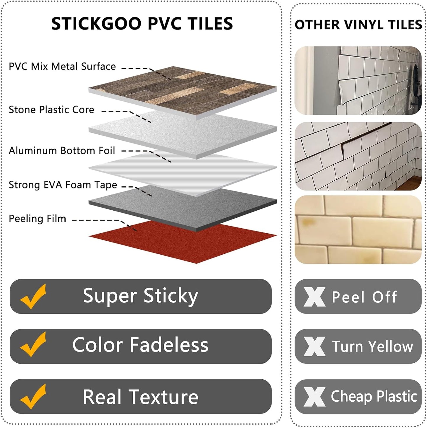 STICKGOO 20 Sheets Peel and Stick Backsplash Tile, Stick on Backsplash for Kitchen and Bathroom, White Sandstone Look PVC Mixed Metal Gold Self Adhesive Wall Tiles