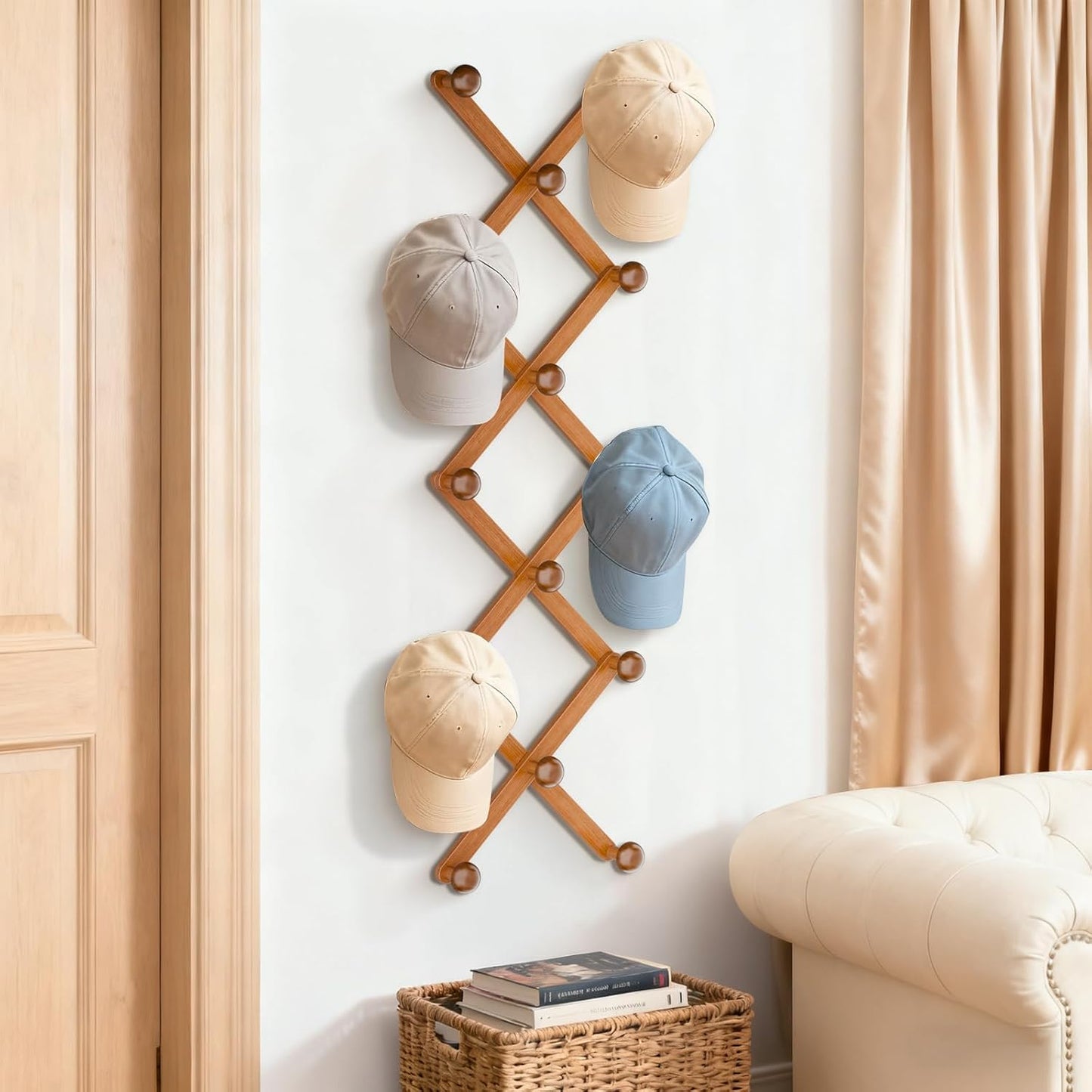 WGFKVAS 2 Pack Accordion Hat Rack for Wall - Expandable Coat Rack & Wall Mounted Hat Holder - Wooden Wall Hanger with 10 Peg Hooks for Coats, Baseball Caps, Keys & Mugs