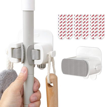 TAILI Mop and Broom Holder Wall Mount Grippers, 2 Hangers and 6 Adhesive Strips, Damage Free Hanging Wall Mount, Household Cleaning Organizer for Organization and Storage, Holds up to 4 lbs, White