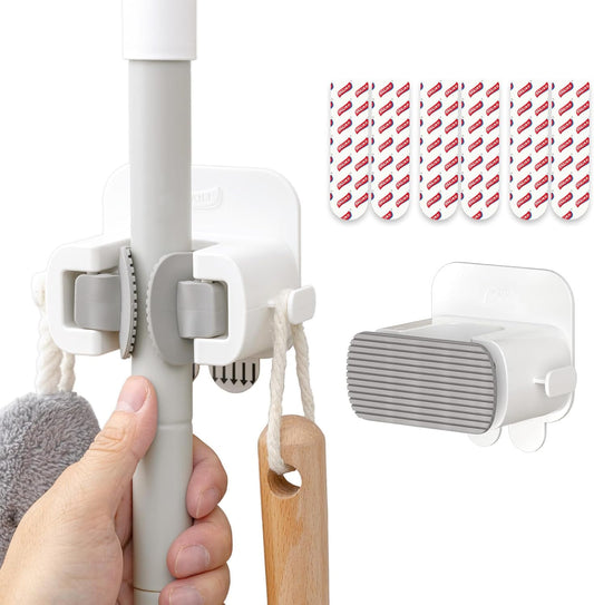 TAILI Mop and Broom Holder Wall Mount Grippers, 2 Hangers and 6 Adhesive Strips, Damage Free Hanging Wall Mount, Household Cleaning Organizer for Organization and Storage, Holds up to 4 lbs, White