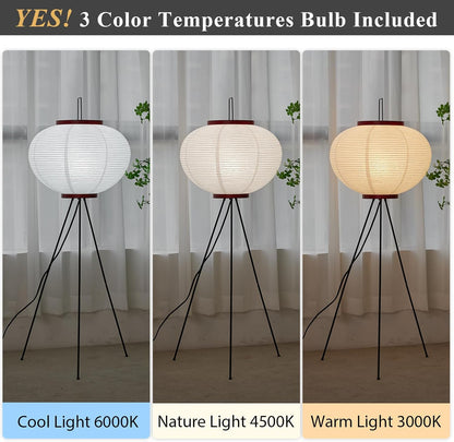 Japanese Rice Paper Floor Lamp - 3000K Color Bulb Included 49.2 Inches White Akari Standing Light - Handmade Japandi Noguchi Lamp with Lantern Lamp Shade for Bedroom Dining Room Living Room