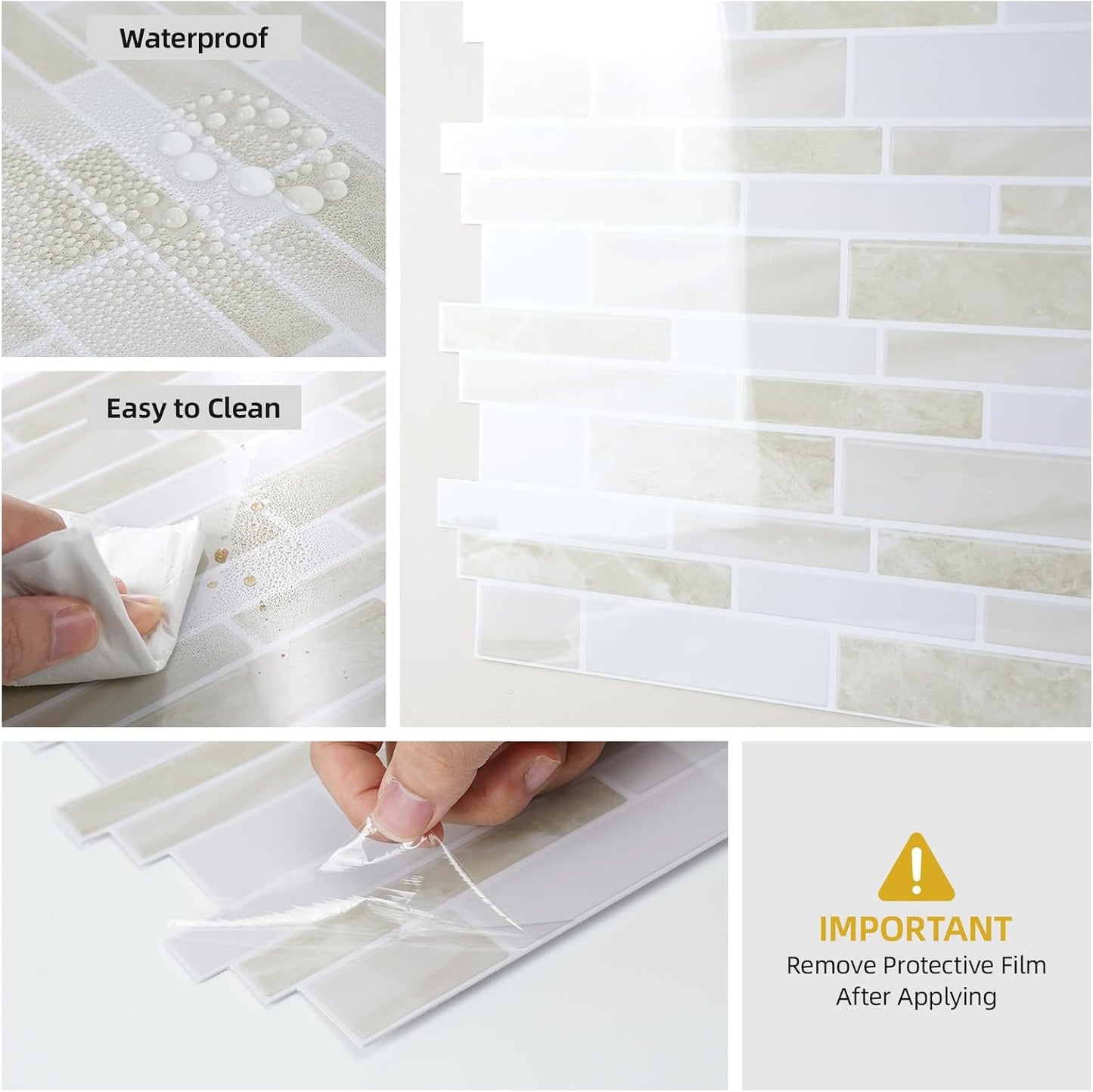 Vieshful 10 Sheet Peel and Stick Backsplash for Kitchen Wall - 12"x12" Smooth PVC 3D Visual Effect Marble Tile Stickers, Waterproof Self Adhesive Light Khaki Wall Tiles for Bathroom, Renter Friendly