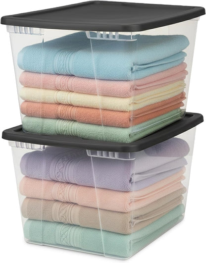 HOMZ 2-Pack Snaplock, Small Clear Plastic Storage Organizer Bins w/ Lids, 28 Quart, Gray - Stackable Container Boxes for Bedroom, Bathroom, Garage, and Office Organization