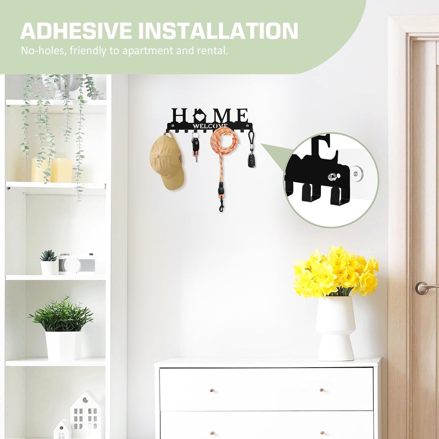 Key Holder Wall Mount, Adhesive Metal Key Hanger with 6 Double Hooks, 2 Installation Methods, Black