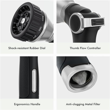 RESTMO Water Hose Nozzle Heavy Duty, Adjustable Hose Sprayer Thumb Control | Premium Zinc Alloy, 8 Adjustable Spray Patterns, Flow Control, TPR Rubberized, Ideal for Plants & Lawns, Cars & Pets, Black