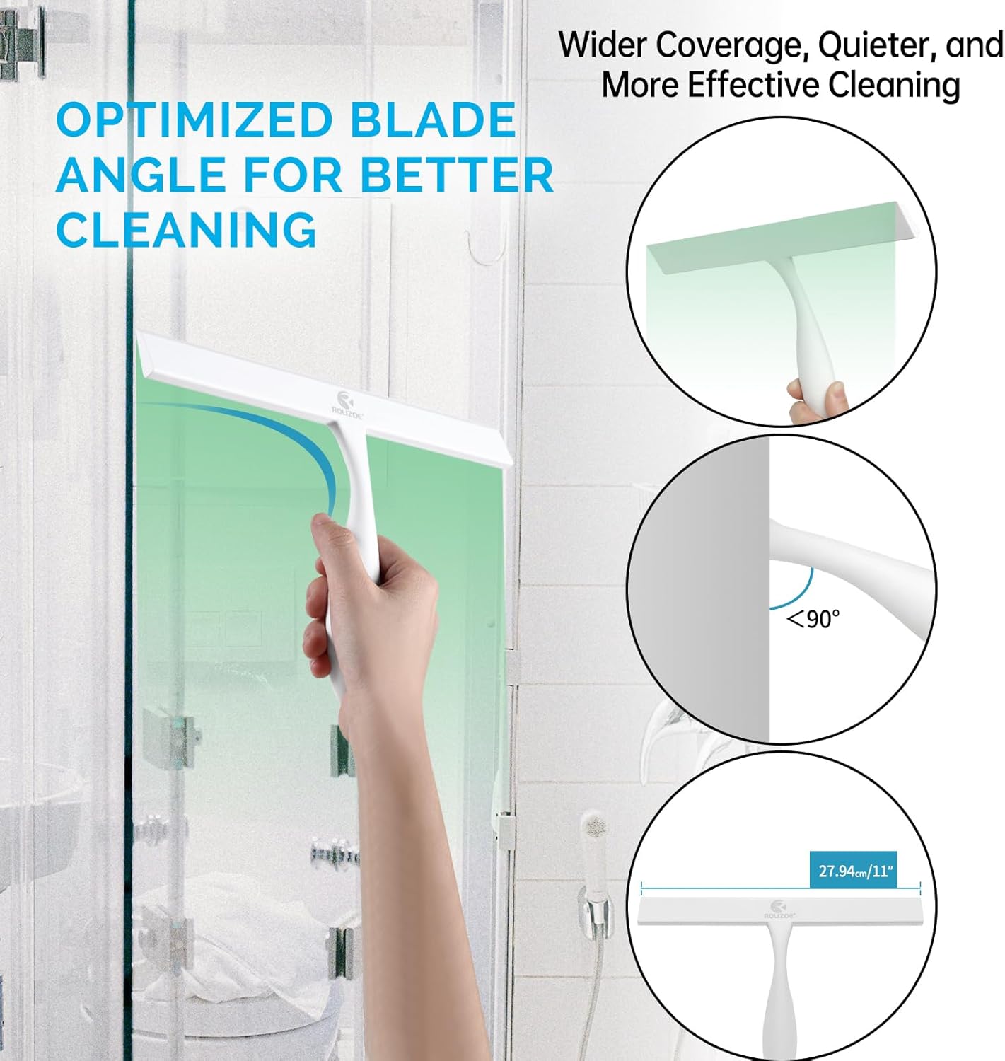 Shower Squeegee for Glass Doors, 11 Inch Ergonomics Anti-Rust Silicone Squeegee with Stainless Steel Frame for Shower Glass Door, Mirrors, Tiles and Windows Cleaning, White