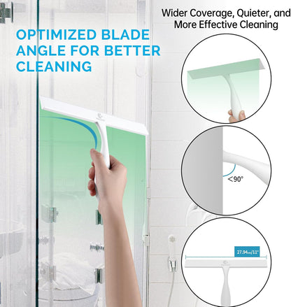 Shower Squeegee for Glass Doors, 11 Inch Ergonomics Anti-Rust Silicone Squeegee with Stainless Steel Frame for Shower Glass Door, Mirrors, Tiles and Windows Cleaning, White