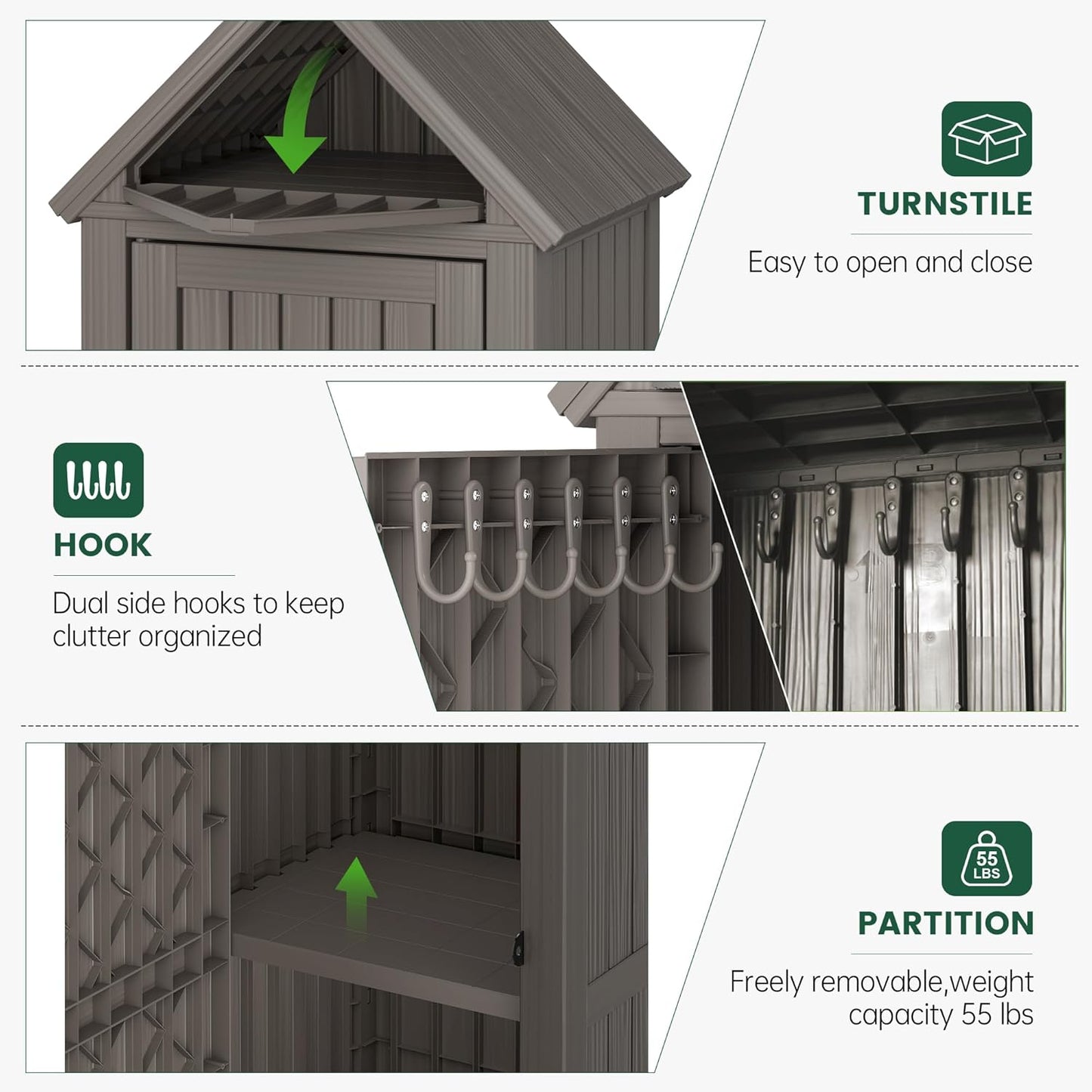 Bifanuo Deck Box Storage Shed Outdoor Storage Cabinet, Vertical Waterproof Resin Material Plastic Shed with Removable Shelves, 12 Hooks and Lock Ring for Garden, Pool and Patio (Classic Black)