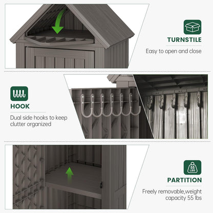 Bifanuo Deck Box Storage Shed Outdoor Storage Cabinet, Vertical Waterproof Resin Material Plastic Shed with Removable Shelves, 12 Hooks and Lock Ring for Garden, Pool and Patio (Classic Black)