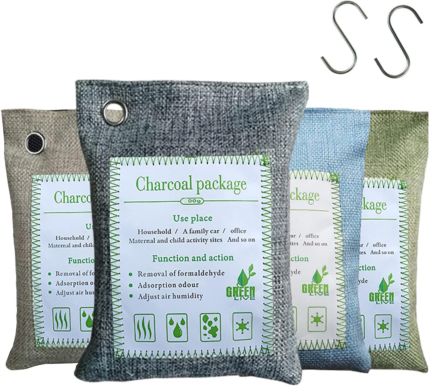 Bamboo Charcoal Bags Odor Absorber, 2 Packs 100g Charcoal Deodorizer Bags with Hooks, Nature Bamboo Charcoals Air Purifying Bags Activated Charcoals Odor Absorbers for Home Cars Pet Closet Bathroom