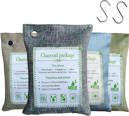 Bamboo Charcoal Bags Odor Absorber, 2 Packs 100g Charcoal Deodorizer Bags with Hooks, Nature Bamboo Charcoals Air Purifying Bags Activated Charcoals Odor Absorbers for Home Cars Pet Closet Bathroom