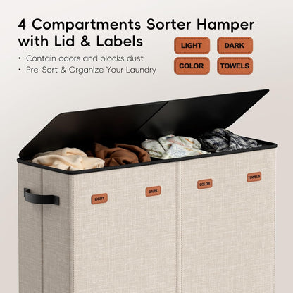 185L Laundry Hamper 3 Section, Laundry Hamper with Lid, Dirty Clothes Hamper with 3 Removable Washing Bags, Extra Large Laundry Basket Organizer for Bedroom, Laundry Room, Dorm - Black