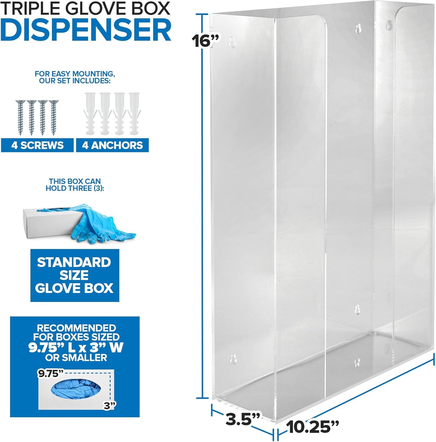 Stock Your Home Triple Acrylic Gloves Dispenser, Tissue Box Shelf, Glove Holder Wall Mount, For Kitchen, Cleaning Closet, Lab, Exam, Office