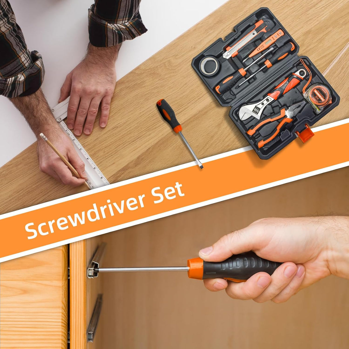 Tool Kit Basic Home Repair Tool Set,General Household Tool Kit with Plastic Tool box,Perfect for Outdoor working,Office & College Dorm.Tools mainly include hand saw,wrench,hammer,Screwdriver