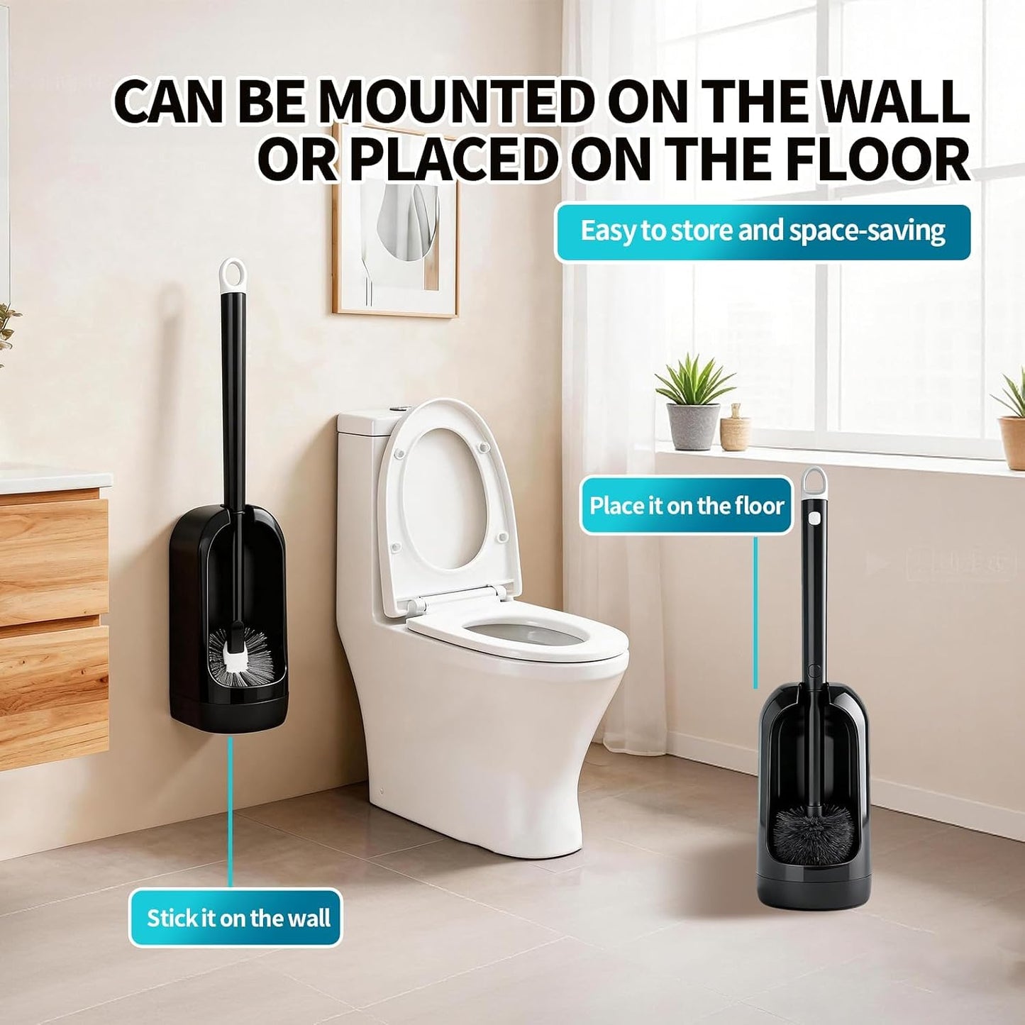 Toilet Brush and Holder Set, Curved Angled Toilet Bowl Cleaner Brush with Under Rim Cleaning, Wall-Mounted Toilet Scrubber & Bathroom Deep Cleaning Supplies Kit（Crevice Brush Included） Black(2-Pack)