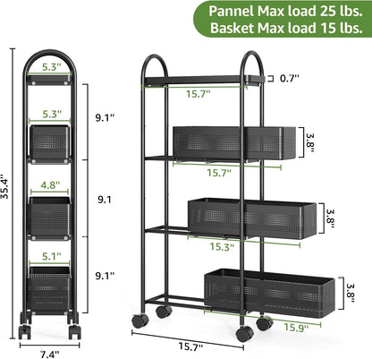 KINGRACK Slim Storage Cart with Drawer, 5-Tier Rolling Utility Cart on Wheels, Narrow Metal Cart for Space Save, Easy Assembly for Kitchen Cart, Craft Cart, Laundry, Bathroom, Nursery Organizer
