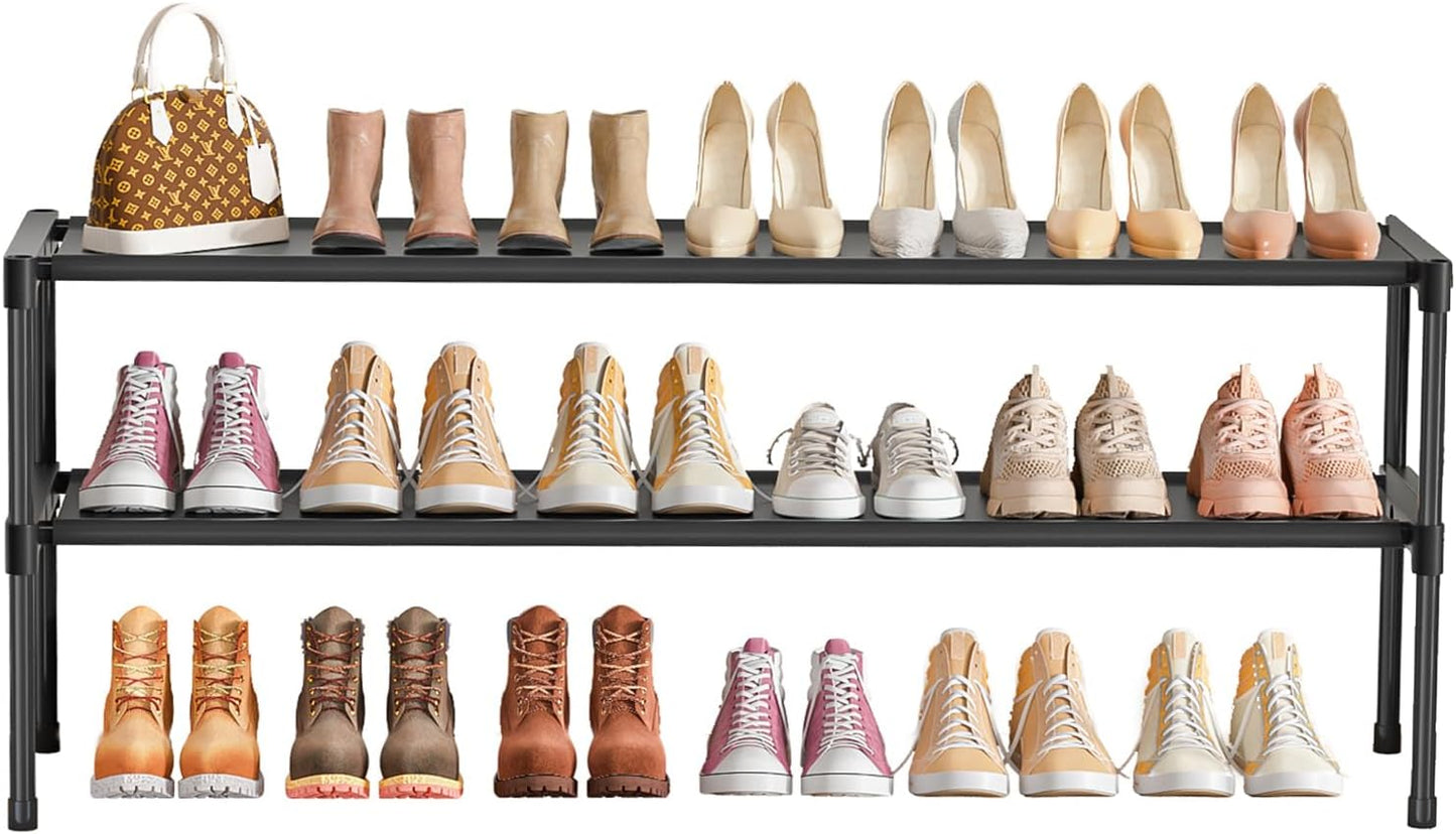LUKYTOWER Extra Long Shoe Rack 2 Tier Shoe Storage Organizer Wide Stackable Shoe Organizer Racks for Closet Entryway,Shoe Shelf Stand Sturdy Durable Shoes Rack Holder Save Space